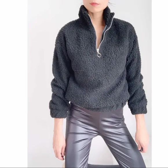TEDDY SHEARLING HALF ZIP SWEATER  - BLACK