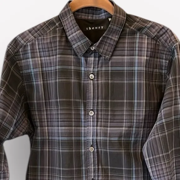 Theory Black Purple Blue Plaid Button Down Shirt Small