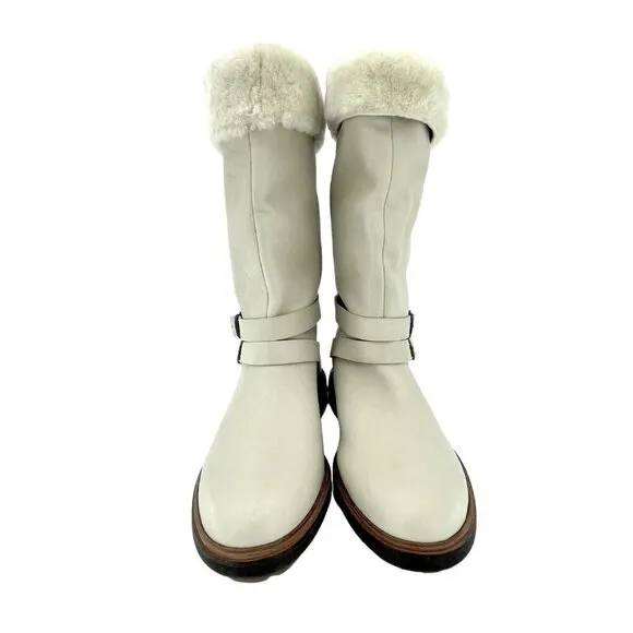Timberland Boots RILEY FLAIR Pull On Fur Lining Cream Leather Sz 9 New