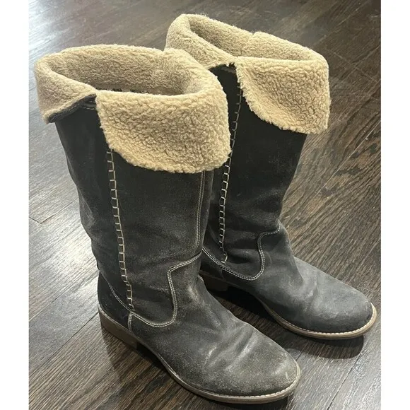 Timberland Leather Boots Womens 7 Shoreham Earthkeepers Shearling Fold Down Gray