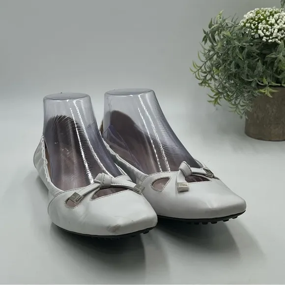 Tod's Degas White Leather Driving Ballet Rubber Flats Sz 38.5/8 US