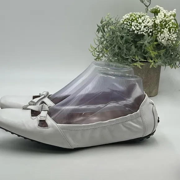 Tod's Degas White Leather Driving Ballet Rubber Flats Sz 38.5/8 US