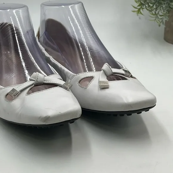 Tod's Degas White Leather Driving Ballet Rubber Flats Sz 38.5/8 US