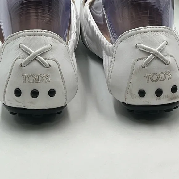 Tod's Degas White Leather Driving Ballet Rubber Flats Sz 38.5/8 US