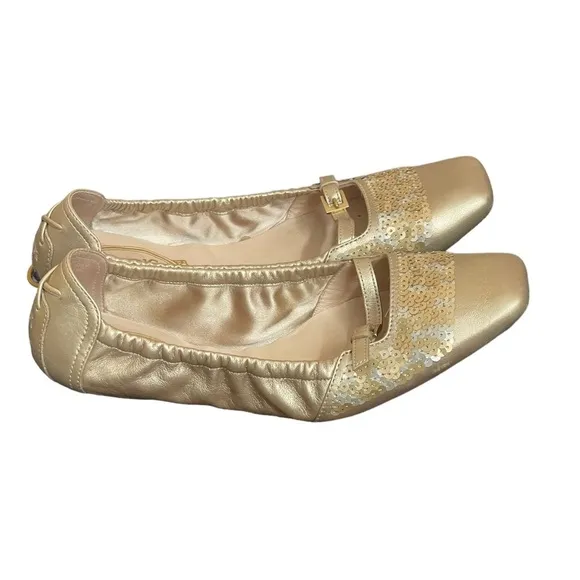 TOD'S Gold and Sequin Square toe flats size 8