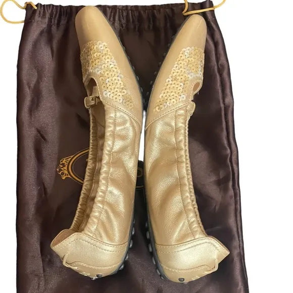 TOD'S Gold and Sequin Square toe flats size 8