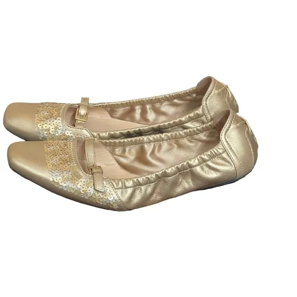 TOD'S Gold and Sequin Square toe flats size 8