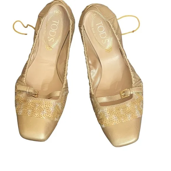 TOD'S Gold and Sequin Square toe flats size 8
