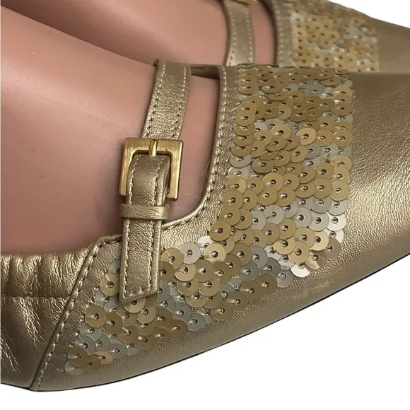TOD'S Gold and Sequin Square toe flats size 8