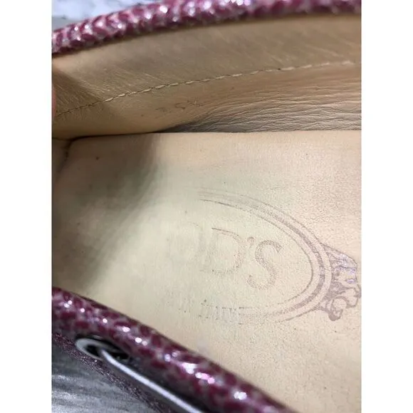 TODS Pink Metallic Leather Moccasins Driver Loafers Flats Women Sz 35.5EU/5M US
