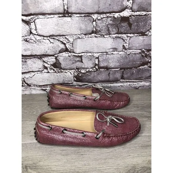 TODS Pink Metallic Leather Moccasins Driver Loafers Flats Women Sz 35.5EU/5M US