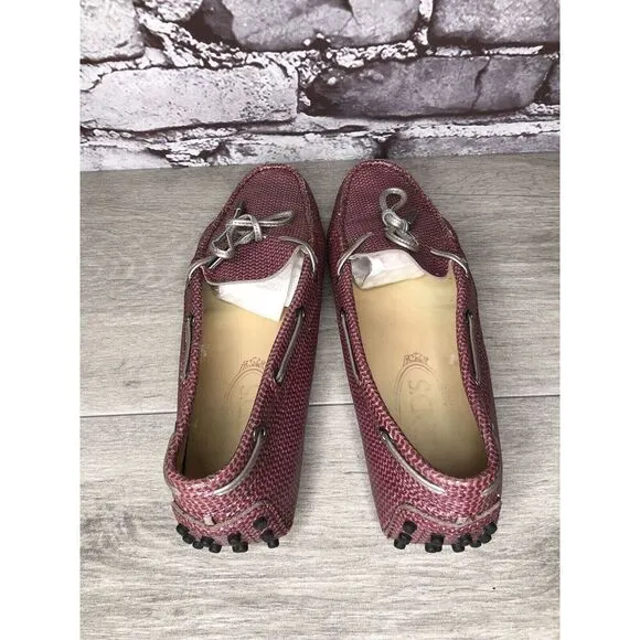 TODS Pink Metallic Leather Moccasins Driver Loafers Flats Women Sz 35.5EU/5M US