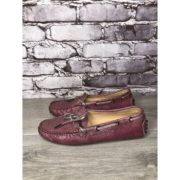 TODS Pink Metallic Leather Moccasins Driver Loafers Flats Women Sz 35.5EU/5M US