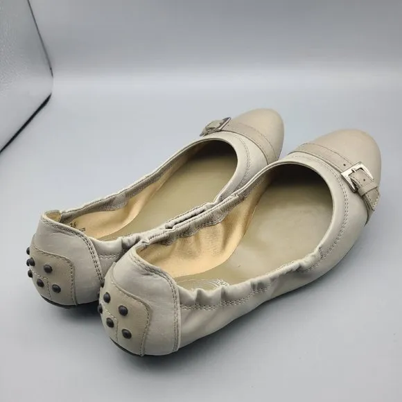 Tod's Womens taupe Leather Buckle Ballet Flats Slip On Shoes Cap Toe sz 6 36
