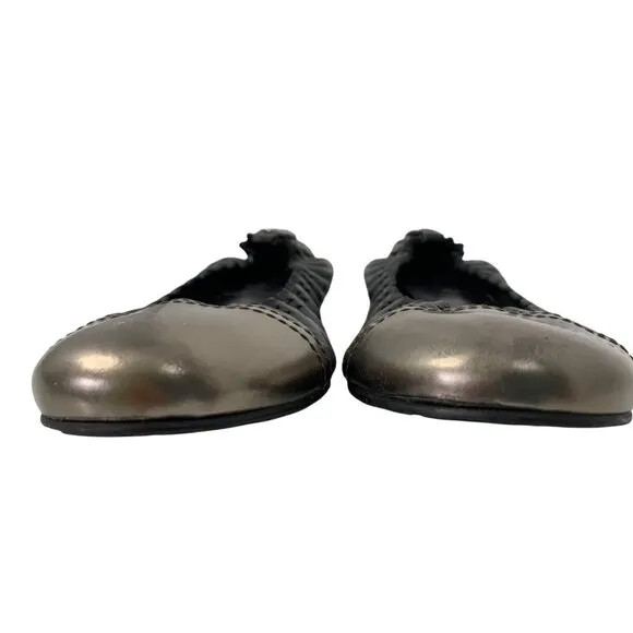 Tory Burch Abbey Black Leather Ballet Flats W/ Metallic Cap Toe Size 7.5 EUC