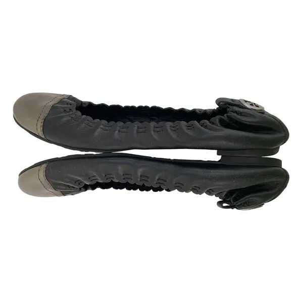 Tory Burch Abbey Black Leather Ballet Flats W/ Metallic Cap Toe Size 7.5 EUC