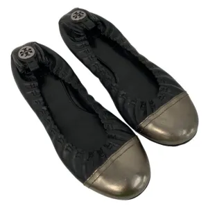 Tory Burch Abbey Black Leather Ballet Flats W/ Metallic Cap Toe Size 7.5 EUC
