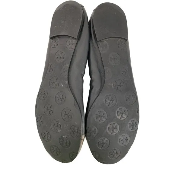 Tory Burch Abbey Black Leather Ballet Flats W/ Metallic Cap Toe Size 7.5 EUC
