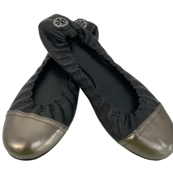 Tory Burch Abbey Black Leather Ballet Flats W/ Metallic Cap Toe Size 7.5 EUC