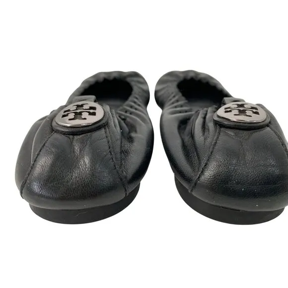 Tory Burch Abbey Black Leather Ballet Flats W/ Metallic Cap Toe Size 7.5 EUC