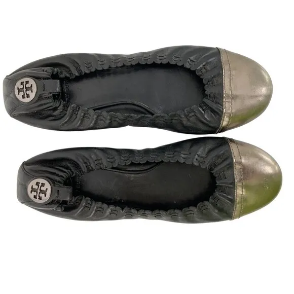 Tory Burch Abbey Black Leather Ballet Flats W/ Metallic Cap Toe Size 7.5 EUC