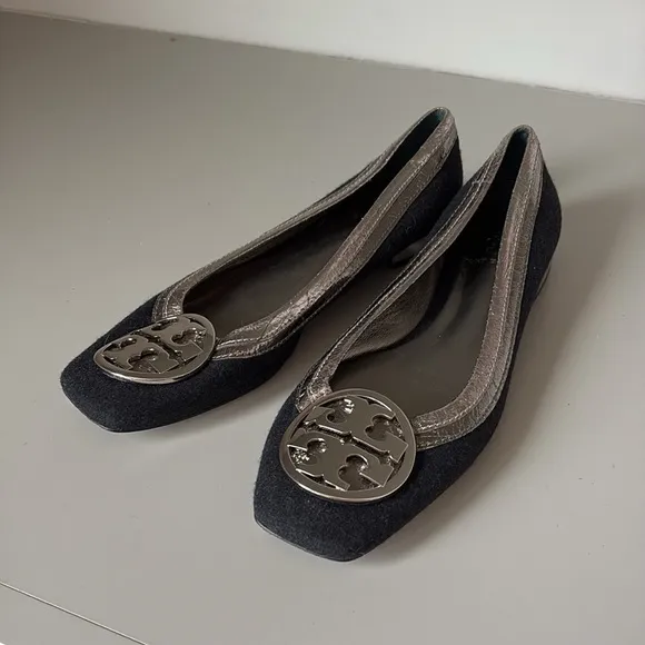 Tory Burch Black &amp; Silver Square Toe Flats Size 8