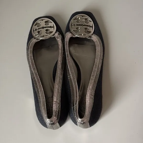 Tory Burch Black &amp; Silver Square Toe Flats Size 8