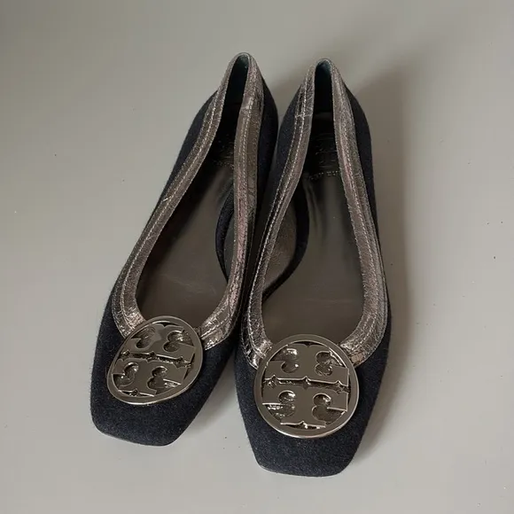 Tory Burch Black &amp; Silver Square Toe Flats Size 8