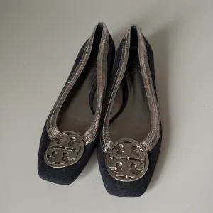 Tory Burch Black &amp; Silver Square Toe Flats Size 8