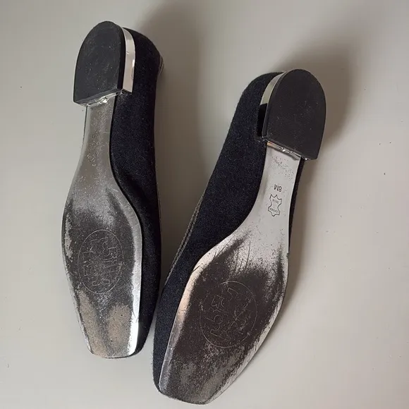 Tory Burch Black &amp; Silver Square Toe Flats Size 8