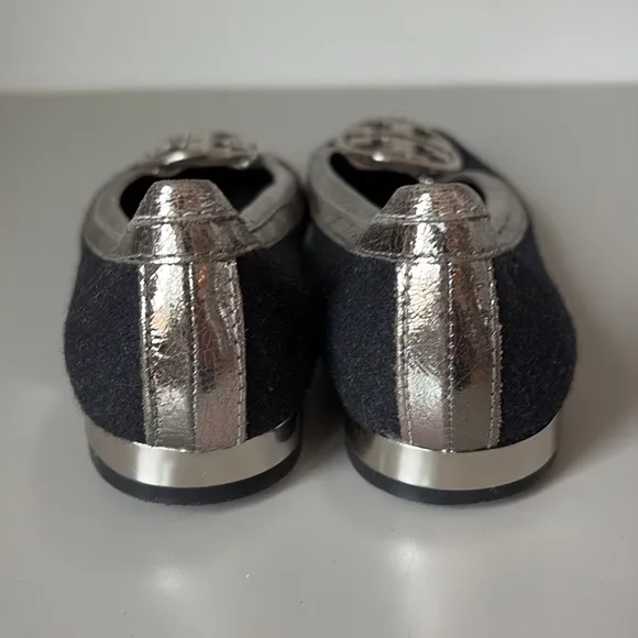 Tory Burch Black &amp; Silver Square Toe Flats Size 8