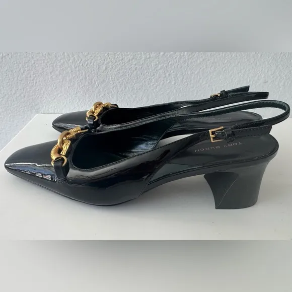 Tory Burch Black and Gold Patten Leather Flats with Chain Detail size 8