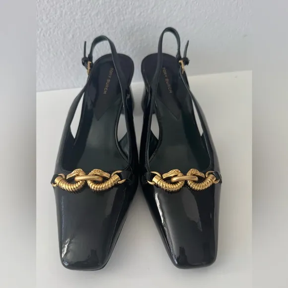 Tory Burch Black and Gold Patten Leather Flats with Chain Detail size 8