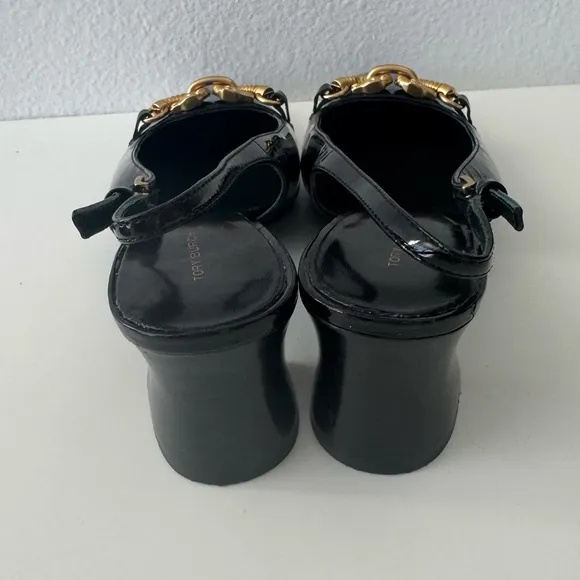 Tory Burch Black and Gold Patten Leather Flats with Chain Detail size 8