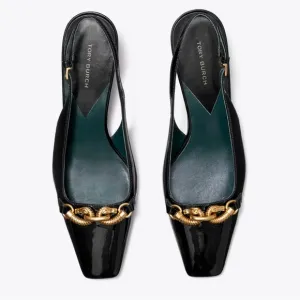 Tory Burch Black and Gold Patten Leather Flats with Chain Detail size 8