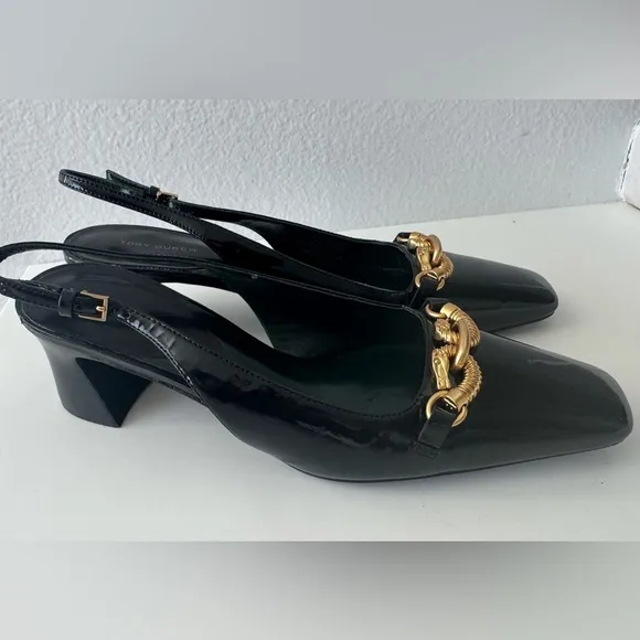 Tory Burch Black and Gold Patten Leather Flats with Chain Detail size 8