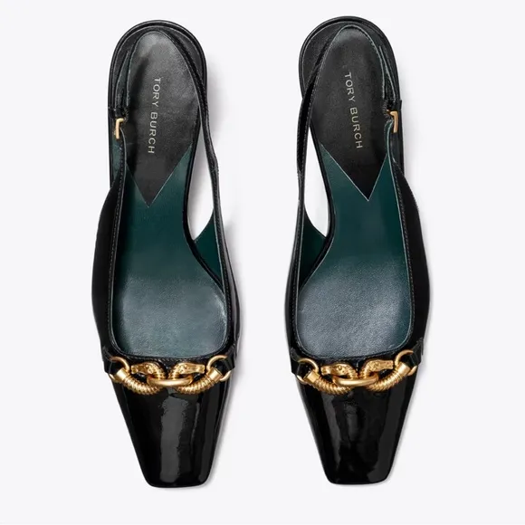 Tory Burch Black and Gold Patten Leather Flats with Chain Detail size 8