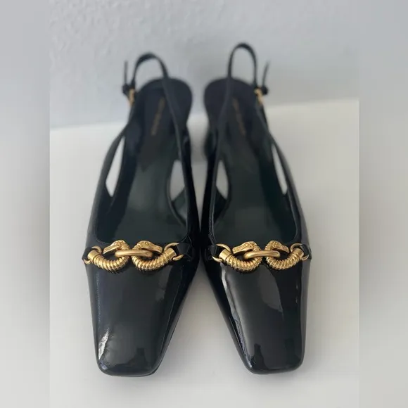 Tory Burch Black and Gold Patten Leather Flats with Chain Detail size 8