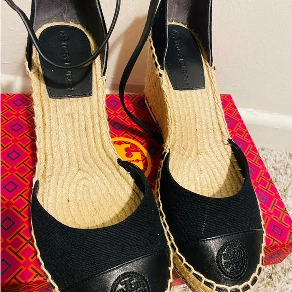 Tory Burch Black Espadrille Flats with Ankle Strap