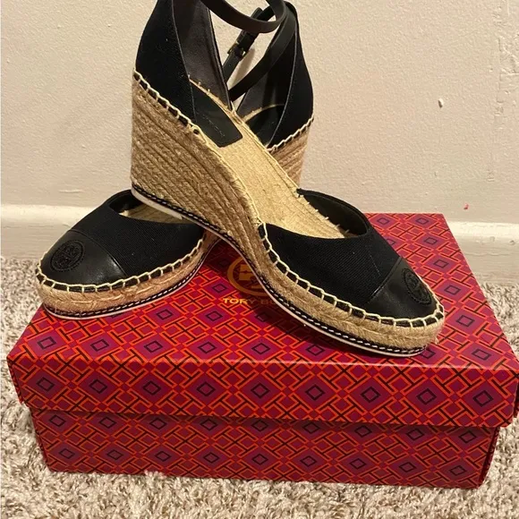 Tory Burch Black Espadrille Flats with Ankle Strap
