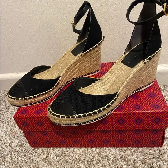 Tory Burch Black Espadrille Flats with Ankle Strap