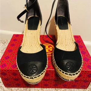 Tory Burch Black Espadrille Flats with Ankle Strap