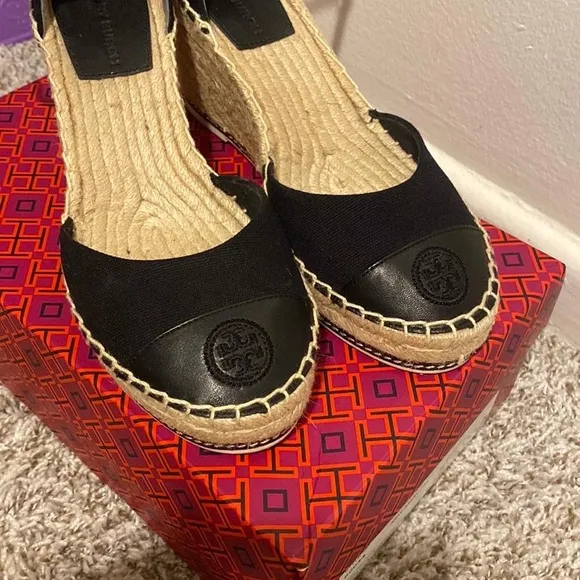 Tory Burch Black Espadrille Flats with Ankle Strap