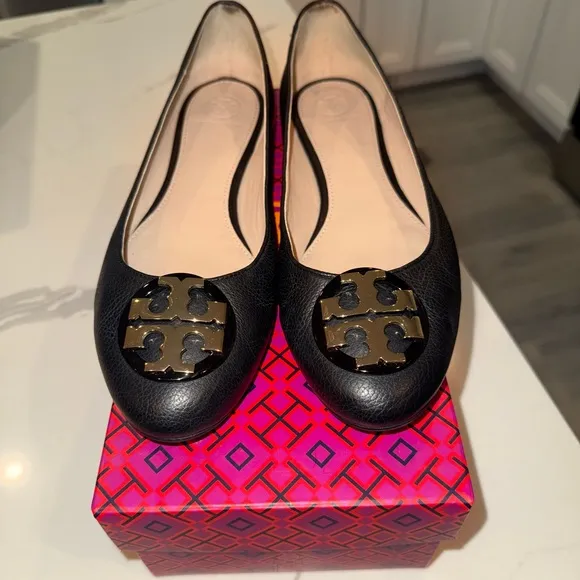 Tory Burch Black Flats with Logo Medallion