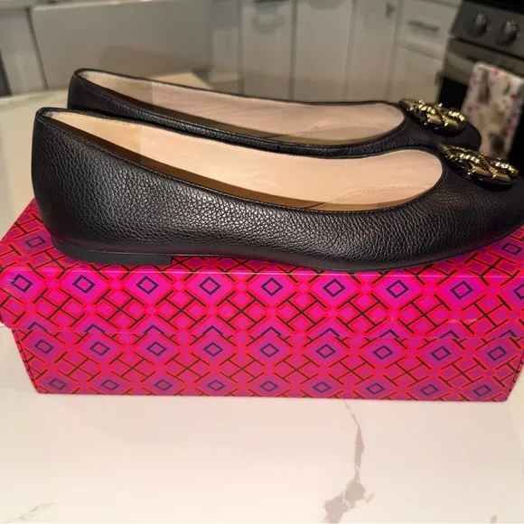 Tory Burch Black Flats with Logo Medallion