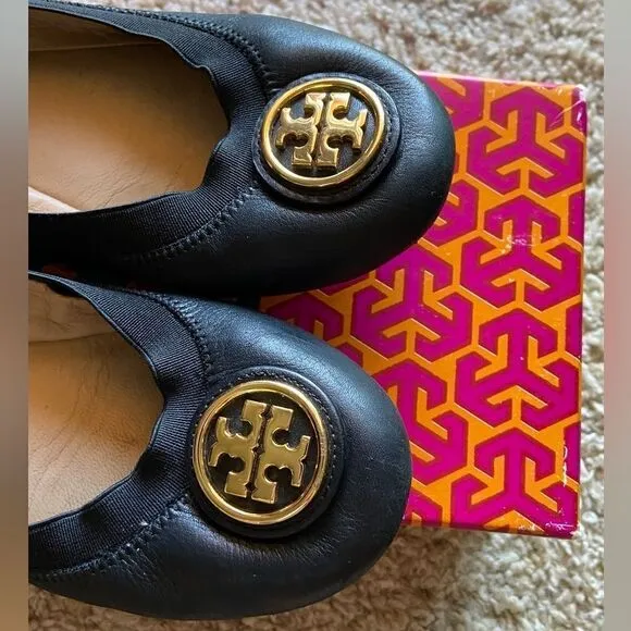 Tory Burch Black Leather Ballet Flat Shoes Size 7.5
