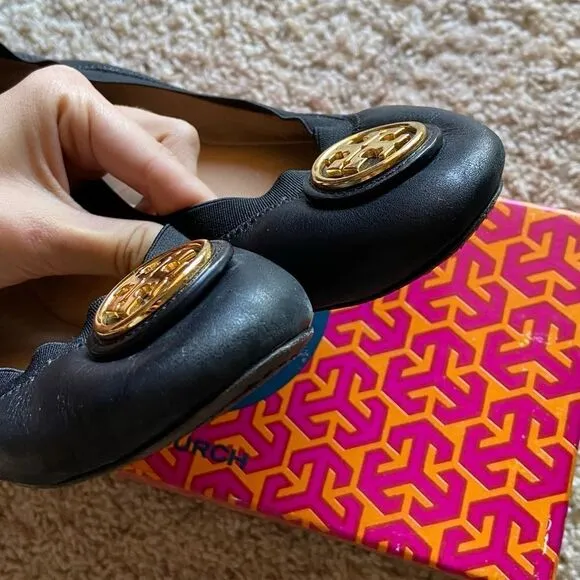 Tory Burch Black Leather Ballet Flat Shoes Size 7.5