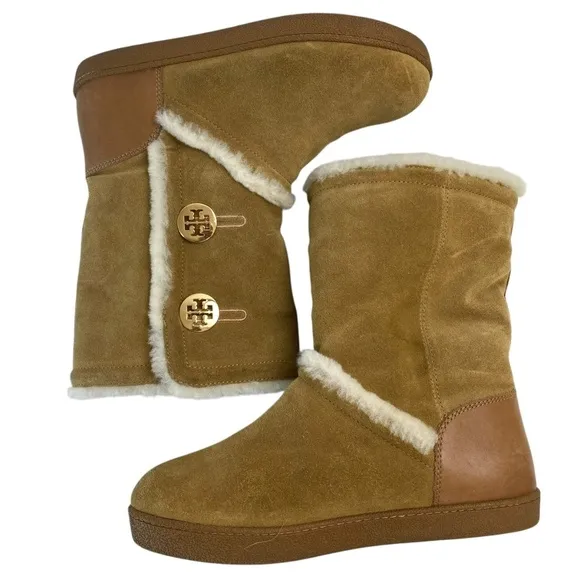 TORY BURCH Boots Suede Leather AUS Shearling Sheepskin in Tan Size 7