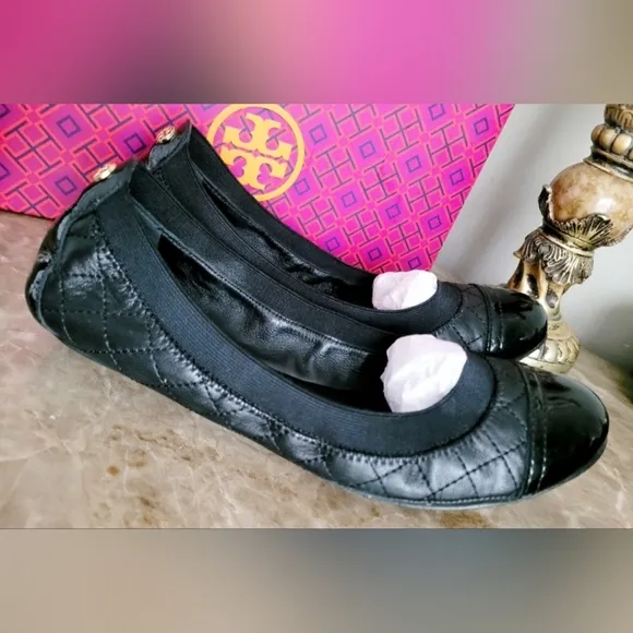 Tory Burch Bridgette Quilted Leather Ballet Flats Padded Black Patent Toe US 8.5