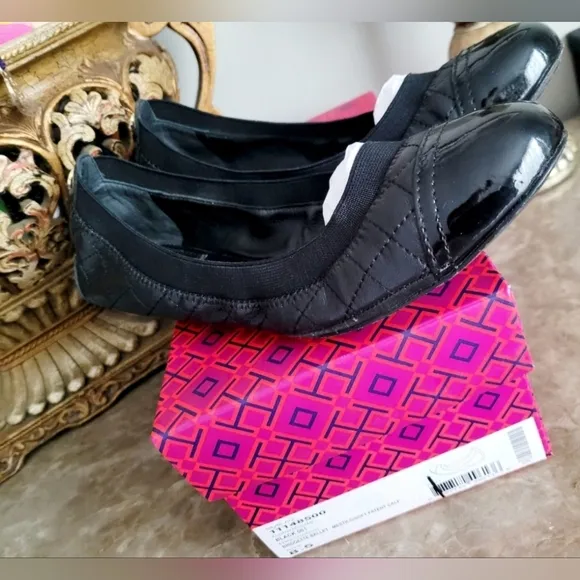 Tory Burch Bridgette Quilted Leather Ballet Flats Padded Black Patent Toe US 8.5